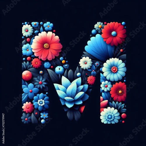 Flower font letter M. AI generated illustration