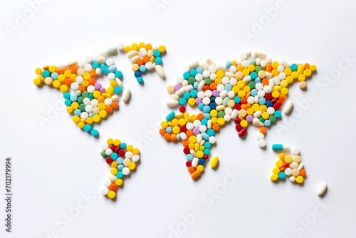 World map made of pills. Pills World Map: Symbolizing Global Pharmacy, Isolated on White Background. Generative ai
