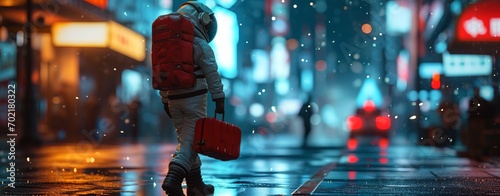 An astronaut walks through the illuminated night streets of the city holding a suitcase in his hands
