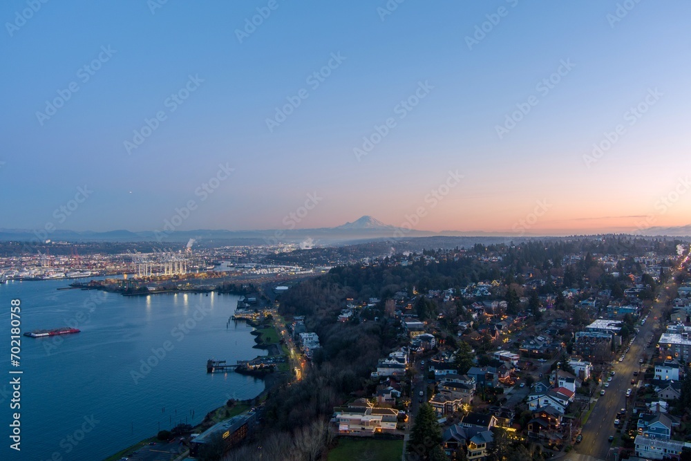 Aerial view of Mount Rainier and West Seattle