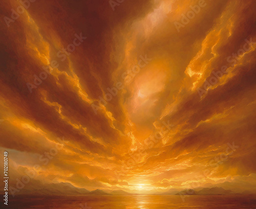 Dramatic sunset sky with glowing clouds in yellow color