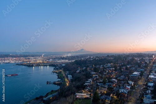 Aerial view of Mount Rainier and West Seattle