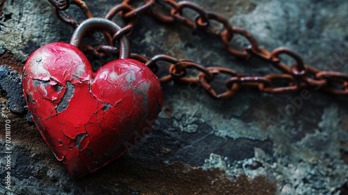 Weathered metallic red heart chained on rustic metal background, Valentine's Day Theme, AI Generative illustration.