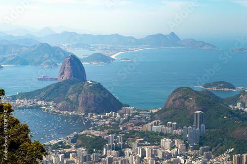 Amazing brazilian landscape, Rio de Janeiro cityscape and its natural landmark seen from above, sugarloaf mountain and the city beaches