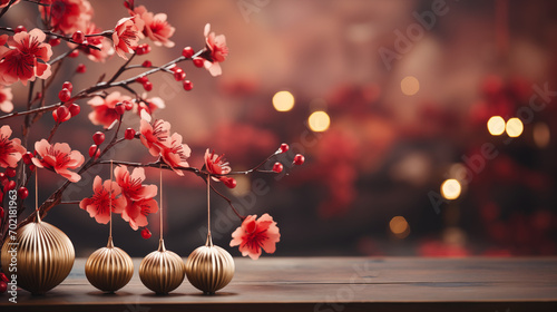 Chinese new year 2024 banner copy space background with oriental Chinese golden lanterns and ornaments with red Asian cherry blossoms on beautiful bokeh background