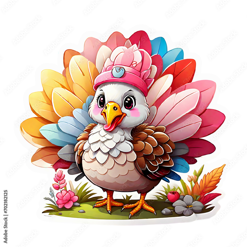 Fototapeta premium Sticker watercolor Cute cartoon turkey wearing a pink hat . Transparent background. 