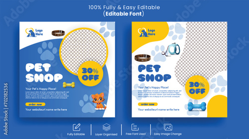 Pet shop, pet food, veterinary doctor social media post or square flyer,and Instagram website banner set for promotional pet care advertising photo