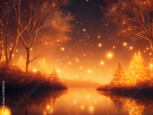A magical, abstract landscape. . Fireflies, night forest landscape.