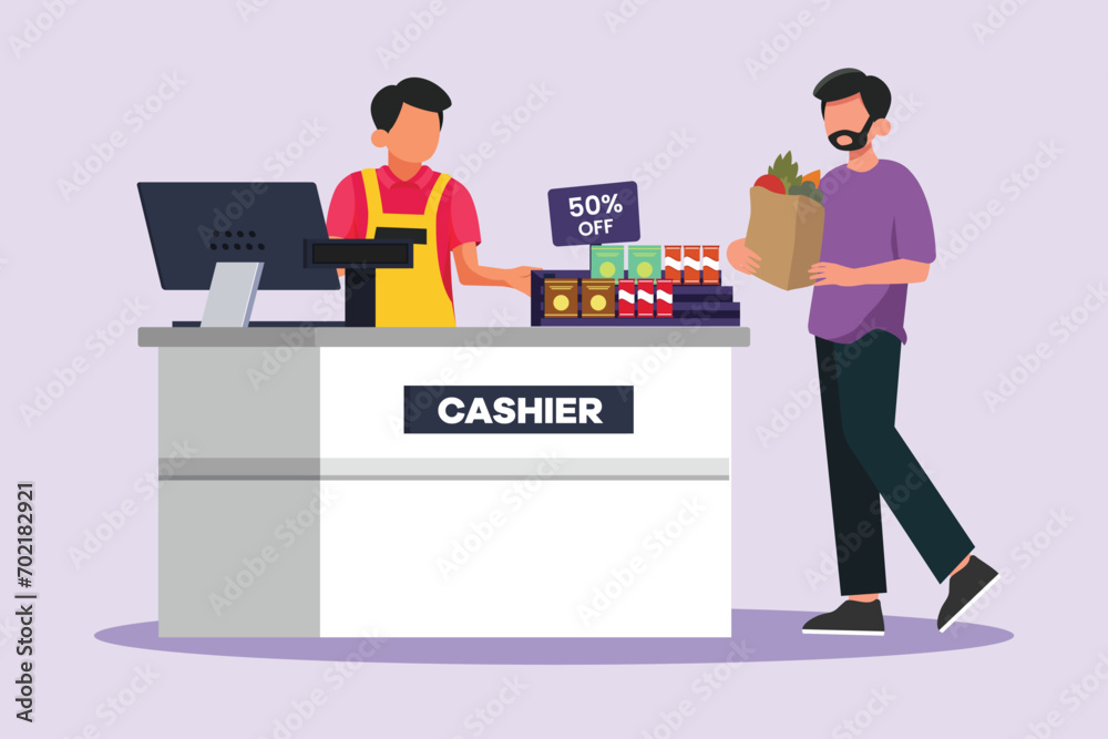 Fototapeta premium Customers paying at checkout and cashier counters concept. Colored flat vector illustration isolated.