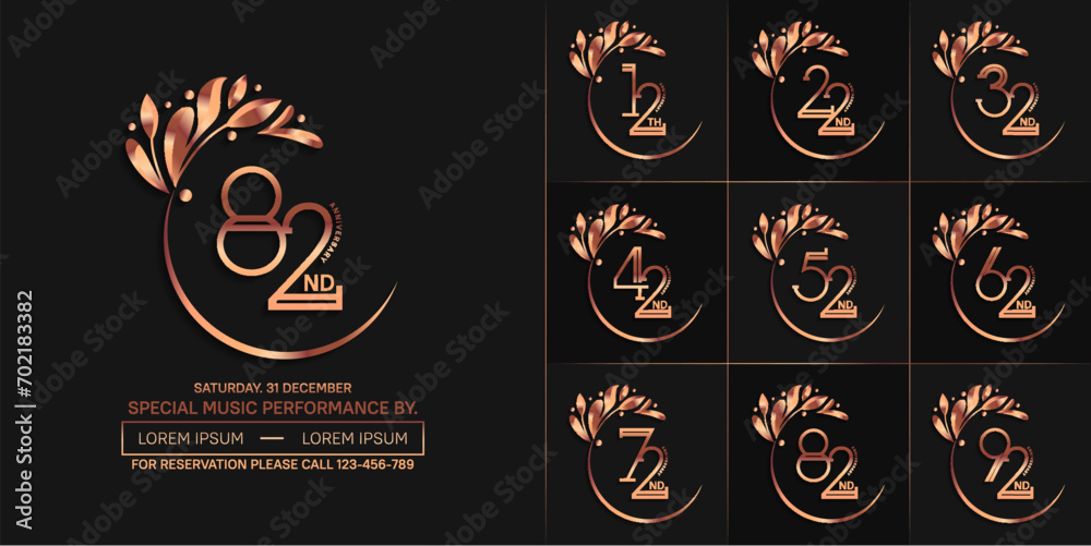 set of anniversary logotype copper color with swoosh and ornament for special celebration event - obrazy, fototapety, plakaty 