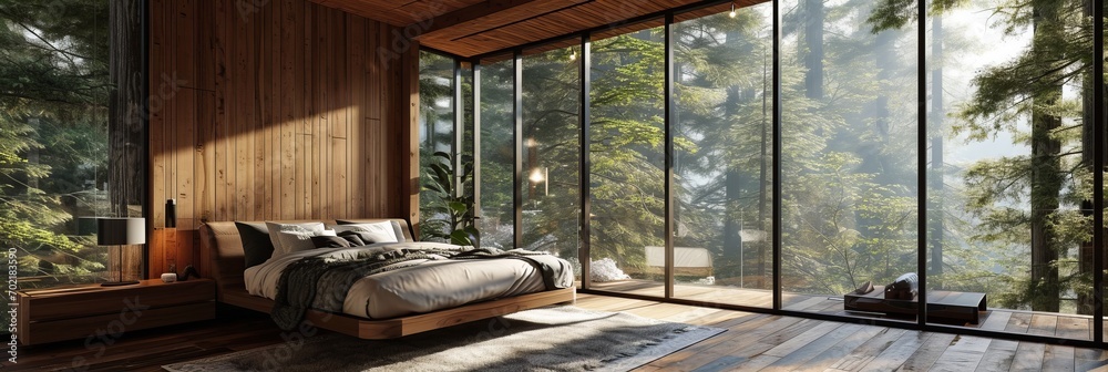 Modern bedroom with an elegant design with wooden accents. A picturesque view of the forest landscape. A combination of modern aesthetics and nature Modern bedroom with an elegant design with wooden accents. A picturesque view of the forest landscape. A combination of modern aesthetics and nature