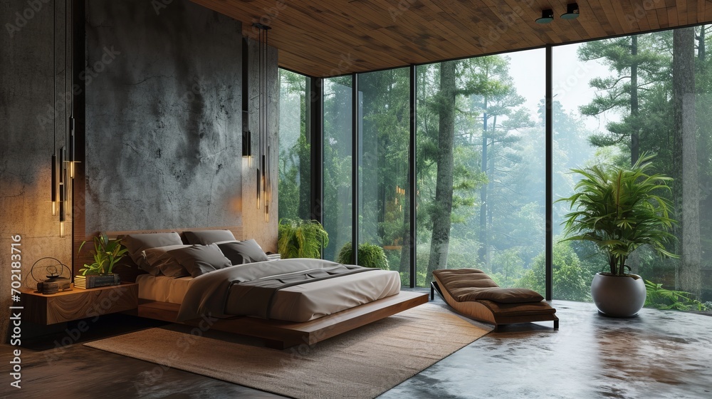 Modern bedroom with an elegant design with wooden accents. A picturesque view of the forest landscape. A combination of modern aesthetics and nature Modern bedroom with an elegant design with wooden accents. A picturesque view of the forest landscape. A combination of modern aesthetics and nature