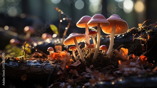 Wild mushrooms nestled among forest, kissed by soft morning light