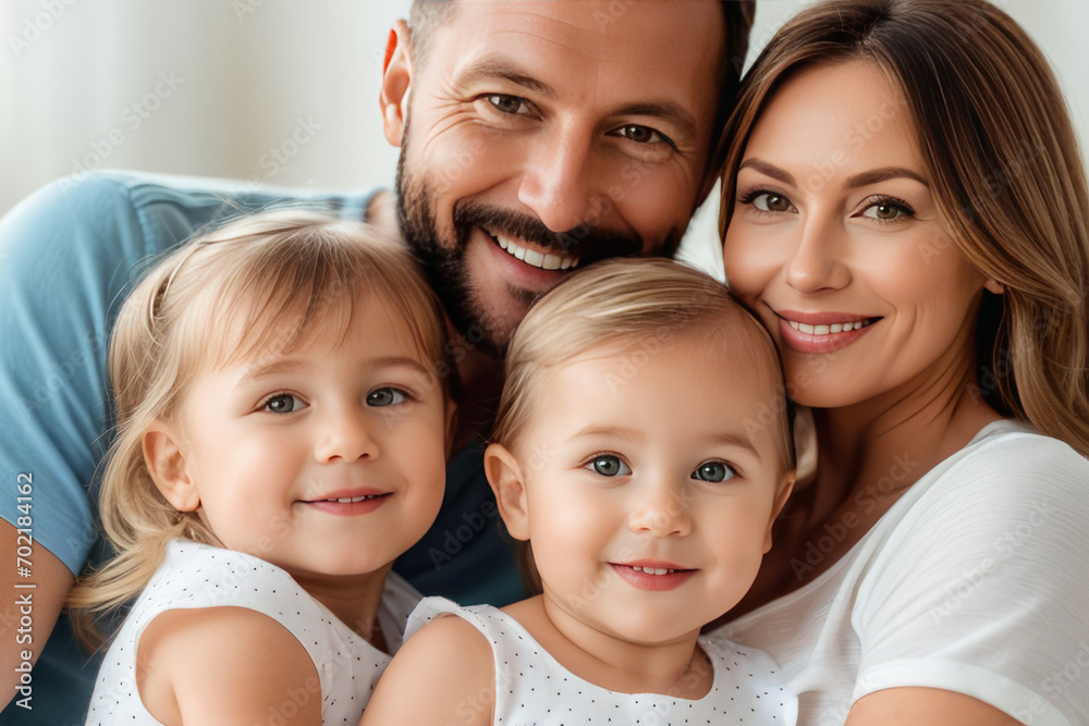 Mom and dad with two small children, close-up. Family portrait, the concept of family relations. The program of state support for families with children Mom and dad with two small children, close-up. Family portrait, the concept of family relations. The program of state support for families with children