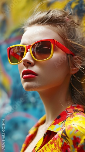 A young woman in stylish red and yellow sunglasses. Bright and fashionable style © ColdFire