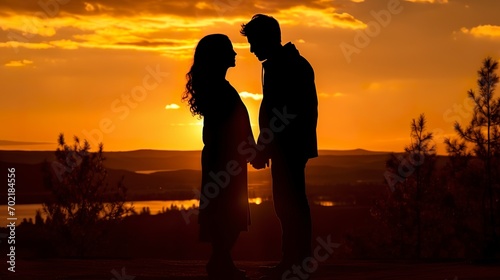 Couple Holding Hands Overlooking Sunset Landscape