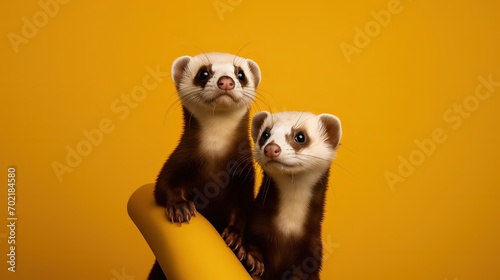 funny two ferret pet portrait ,fashionable animal art photo design, Generative Ai photo
