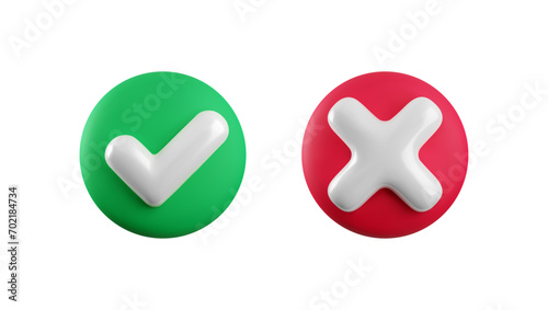Vector 3d checkmarks icon set. Round glossy yes tick and no cross buttons isolated on white background. Check mark and X symbol in green and red circle realistic 3d render. Right and wrong sign set