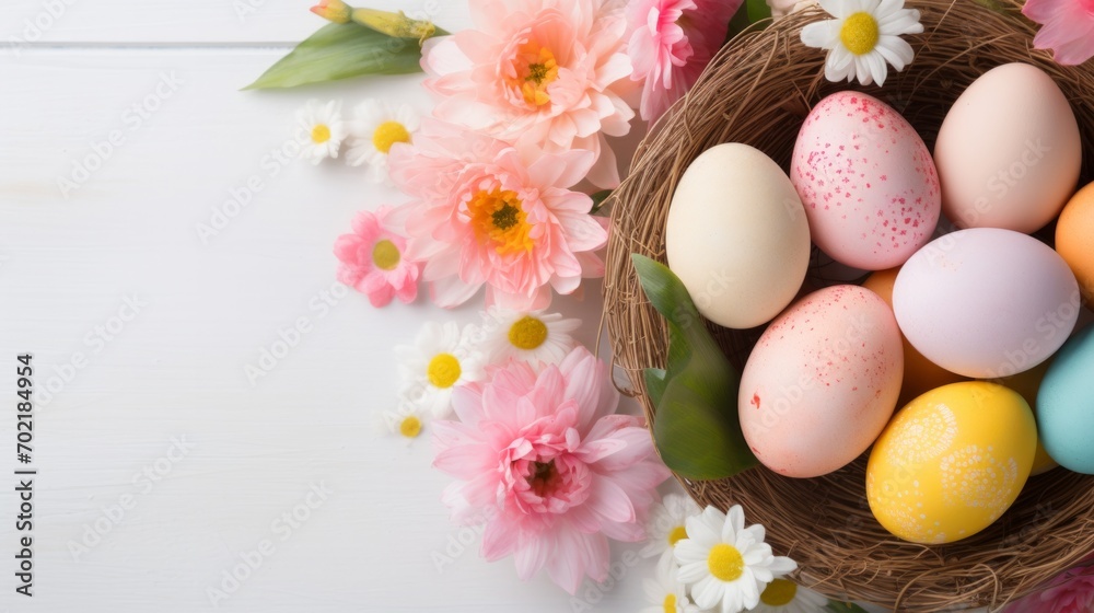 Soft Pastel Easter Eggs with Pink Blooms on White.
Soft pastel Easter eggs accompanied by pink blooms on a pure white surface.