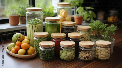 Kitchen countertop with colorful fruits potted herbs and various vegetables in glass jars next to a sunny window