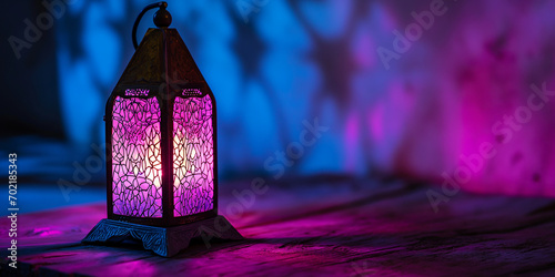 Arabische Laterne mit brennender pink farbener Kerze und schönem Hintergrund, Ramadan Islam Religion Nahaufnahme, ai generativ