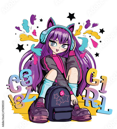 Anime girl with backpack Japanese school girl. Fashion woman. Trendy girl