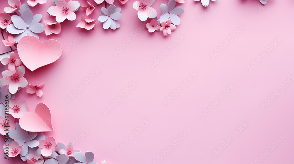 Creative heart layout with pink flowers, paper heart over pink background. Top view, Valentines day Woman day, with empty copy space	
