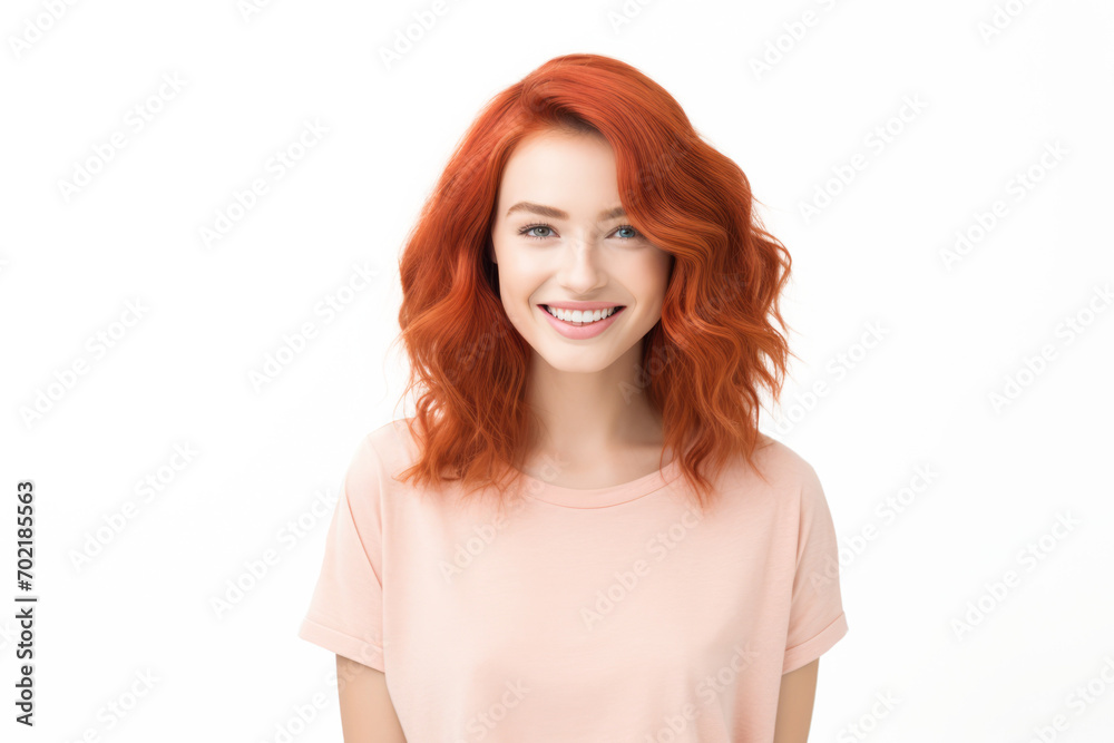 beautiful red head woman smiling, isolated on white or transparent png