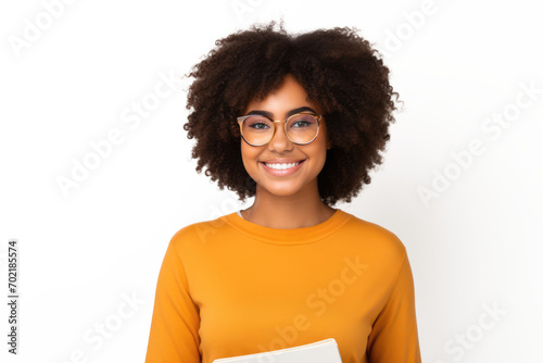 portrait of a black beautiful woman with yellow shirt isolated on white or transparent png photo