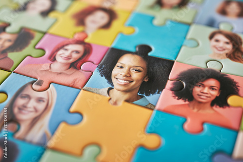 Colorful Puzzle Representing Diversity and Teamwork with Diverse Team Members, Multicultural Job Candidate Concept, Inclusive Corporate Environment, Collaborative Problem-Solving, Unity in Workplace