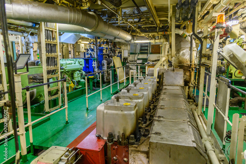 Main engine, Inside engine room on big ship, Marine engine on vessel.