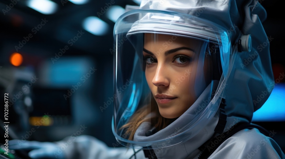 Woman in protective gear working in a lab Woman in protective gear working in a lab