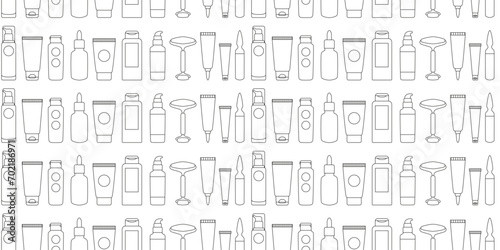 Linear skin care cosmetics seamless pattern. Serum, cleanser, moisturizer, toner, essence, face roller. Beauty routine. Anti-age. Bottles, jars, tubes. Background, wrapping paper.