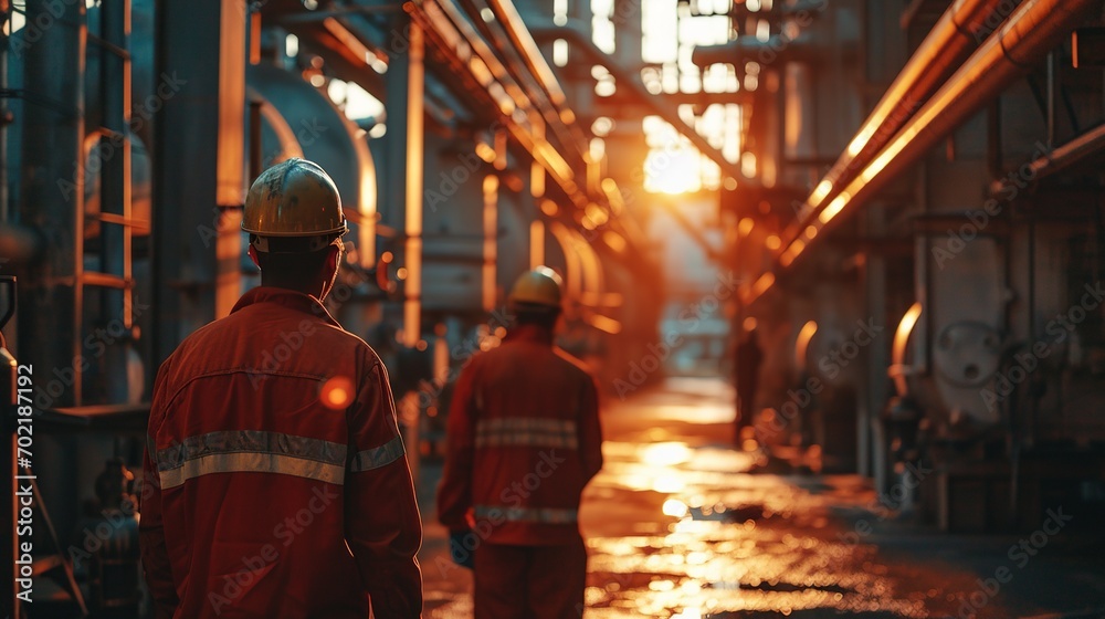 workers in an industrial plant for the production and processing of crude oil workers in an industrial plant for the production and processing of crude oil