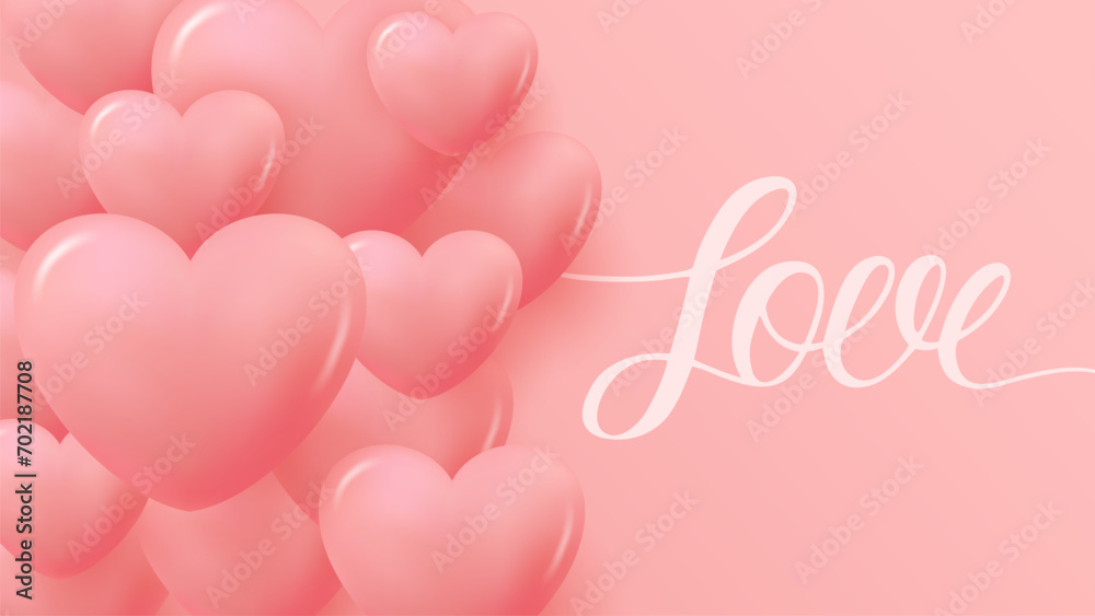 Love. Romantic banner with 3d red glossy hearts for wedding or Valentines Day holiday greetings and invitations. Vector illustration.