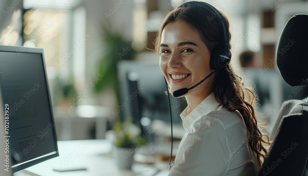 Smiling customer support operator with hands-free headset working in the office. Smiling customer support operator with hands-free headset working in the office.