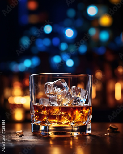Glass of Whiskey and Ice in a bar light bokeh effect