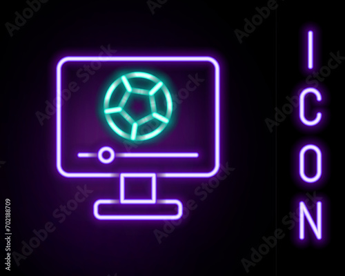 Glowing neon line Football soccer match on TV icon isolated on black background. Football online concept. Colorful outline concept. Vector