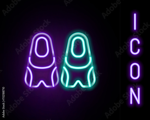 Glowing neon line Rubber flippers for swimming icon isolated on black background. Diving equipment. Extreme sport. Diving underwater equipment. Colorful outline concept. Vector