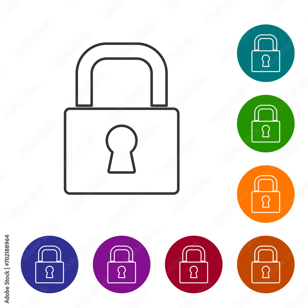 Black line Lock icon isolated on white background. Padlock sign. Security, safety, protection, privacy concept. Set icons in color circle buttons. Vector Black line Lock icon isolated on white background. Padlock sign. Security, safety, protection, privacy concept. Set icons in color circle buttons. Vector