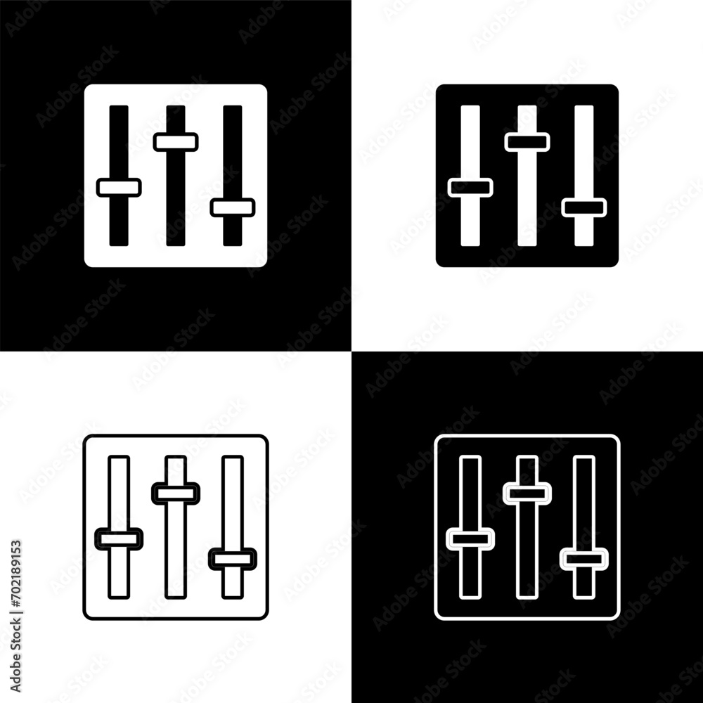 Set Sound mixer controller icon isolated on black and white background. Dj equipment slider buttons. Mixing console. Vector Set Sound mixer controller icon isolated on black and white background. Dj equipment slider buttons. Mixing console. Vector