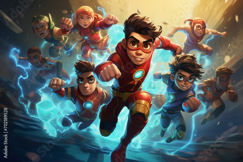 A dynamic illustration featuring young superheroes in training, honing their powers and learning valuable lessons about teamwork and courage. photo