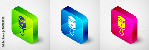 Isometric Drop in crude oil price icon isolated on grey background. Oil industry crisis concept. Square button. Vector