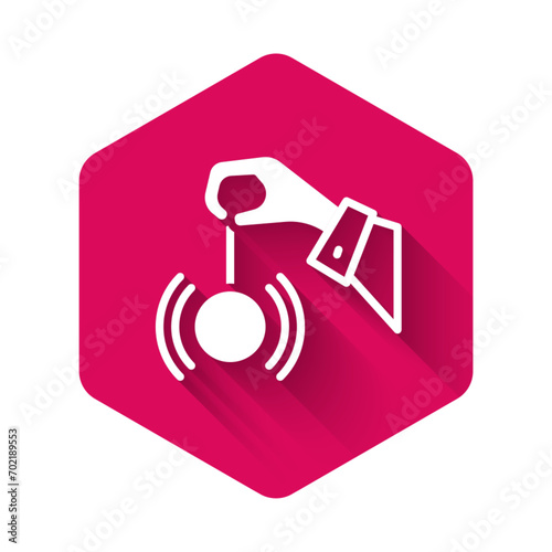 White Hypnosis icon isolated with long shadow background. Human eye with spiral hypnotic iris. Pink hexagon button. Vector