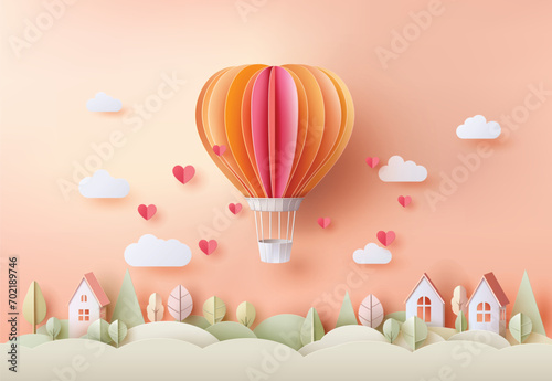  Hot Air Balloon of Love over Village — Romantic Travel Paper Art