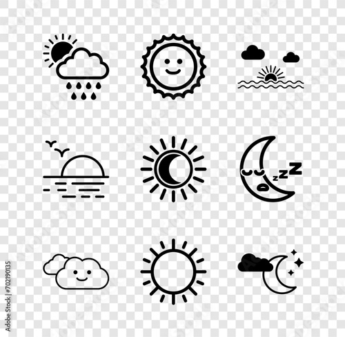 Set Cloud with rain and sun  Sun  Sunset  moon stars   and Eclipse of the icon. Vector
