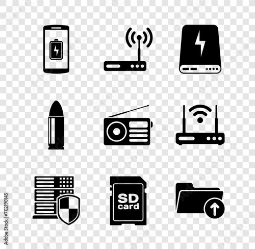 Set Smartphone battery charge, Router and wi-fi, Power bank, Server with shield, SD card and Download arrow folder icon. Vector photo