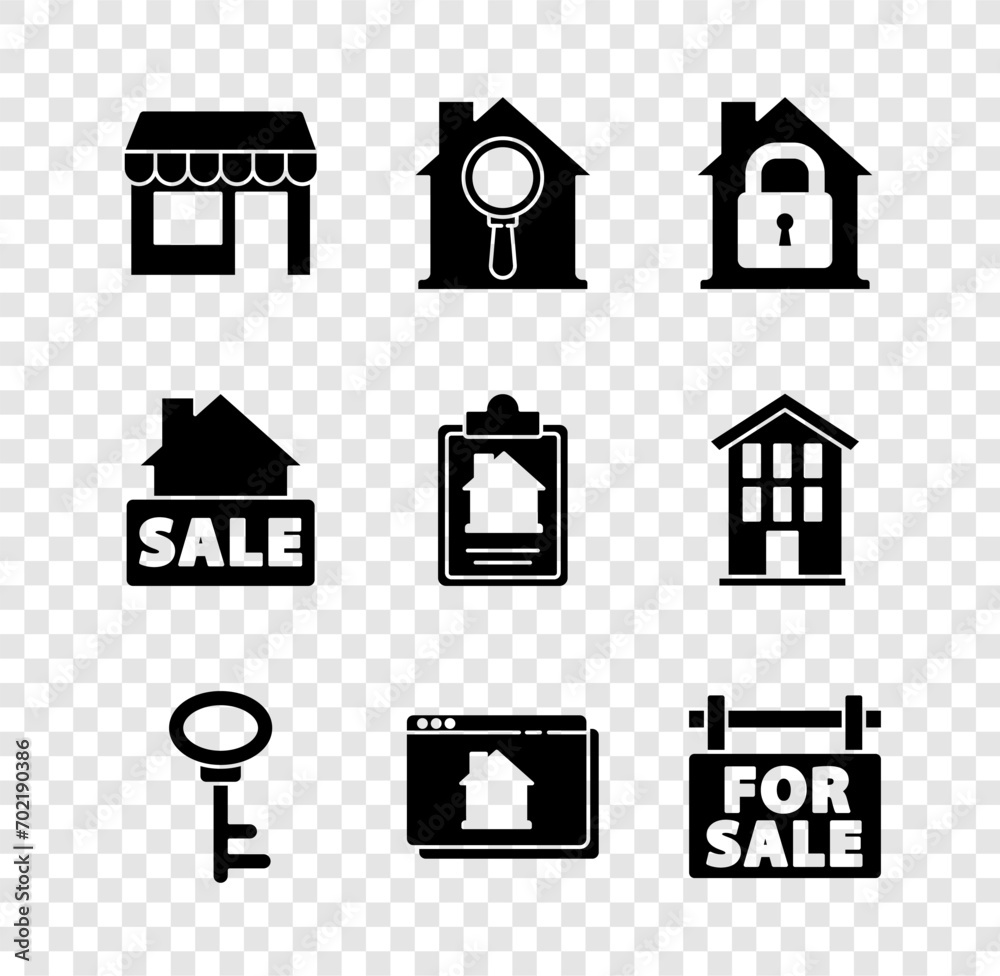 Set Market store, Search house, House under protection, key, Online real estate, Hanging sign with For Sale, and contract icon. Vector Set Market store, Search house, House under protection, key, Online real estate, Hanging sign with For Sale, and contract icon. Vector