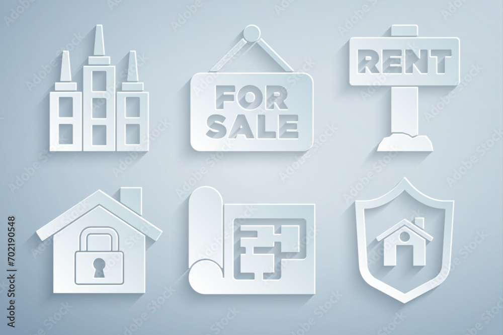 Set House plan, Hanging sign with Rent, under protection, shield, For Sale and Skyscraper icon. Vector