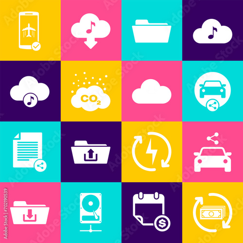 Set Refund money, Car sharing, , Folder, CO2 emissions cloud and Music streaming service icon. Vector